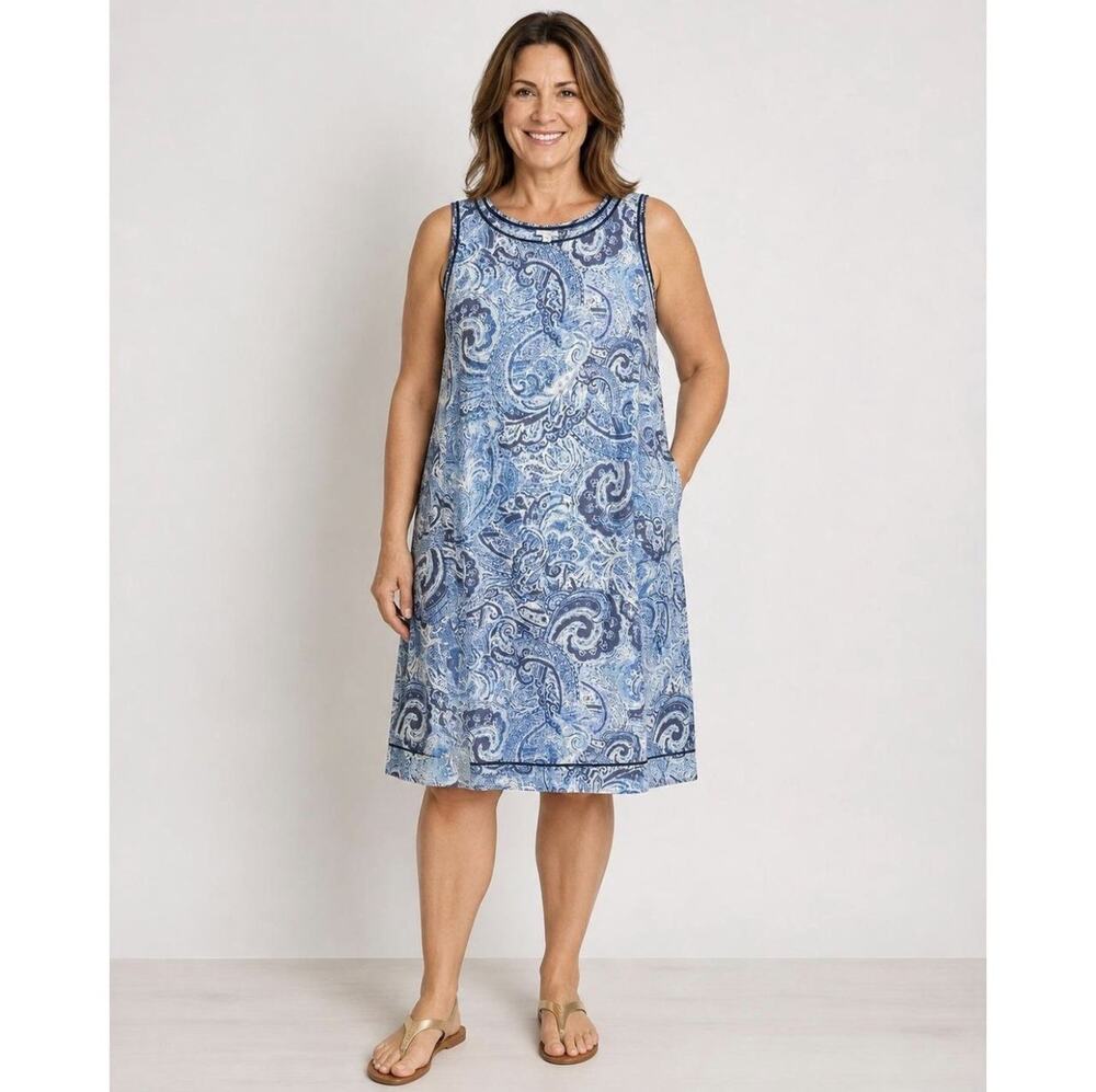 J. Jill Love Linen Blue On Blue Paisley A-Line Sleeveless Midi Dress Small Boho